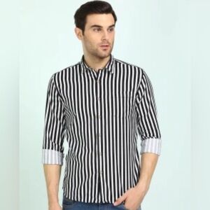 Vintage Flying Machine Men’s Casual Cotton Striped Button Down Shirt Small Black